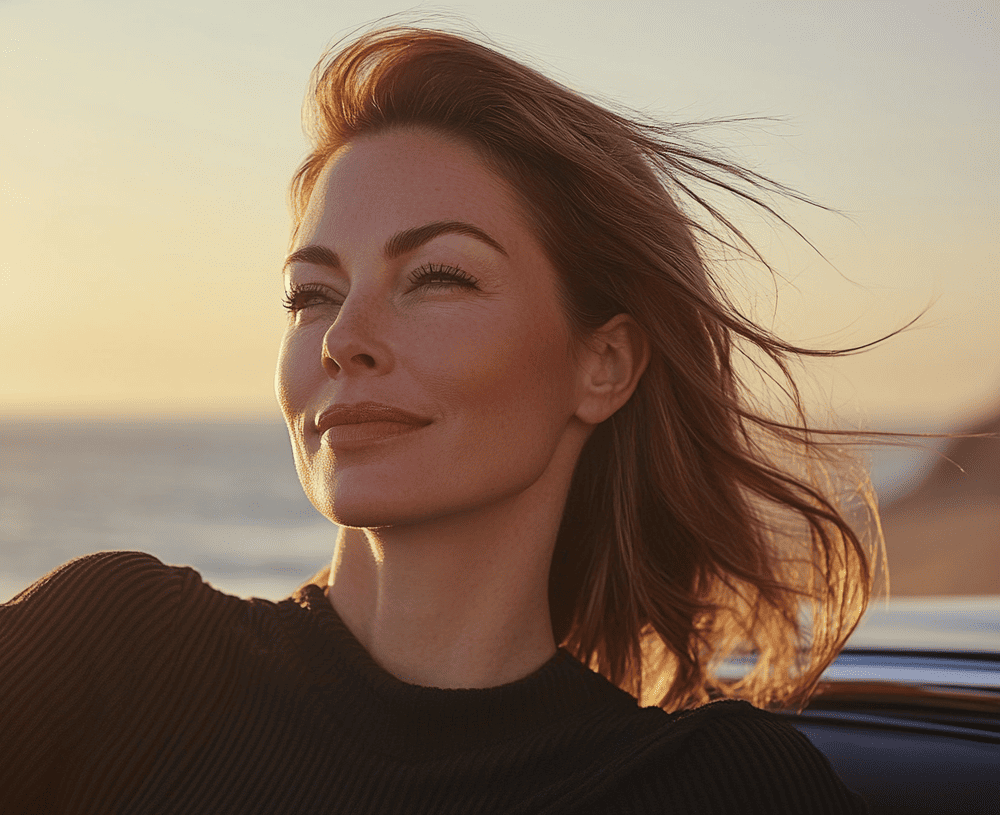 Woman in golden hour light with wind in her hair and a coastal sunset background